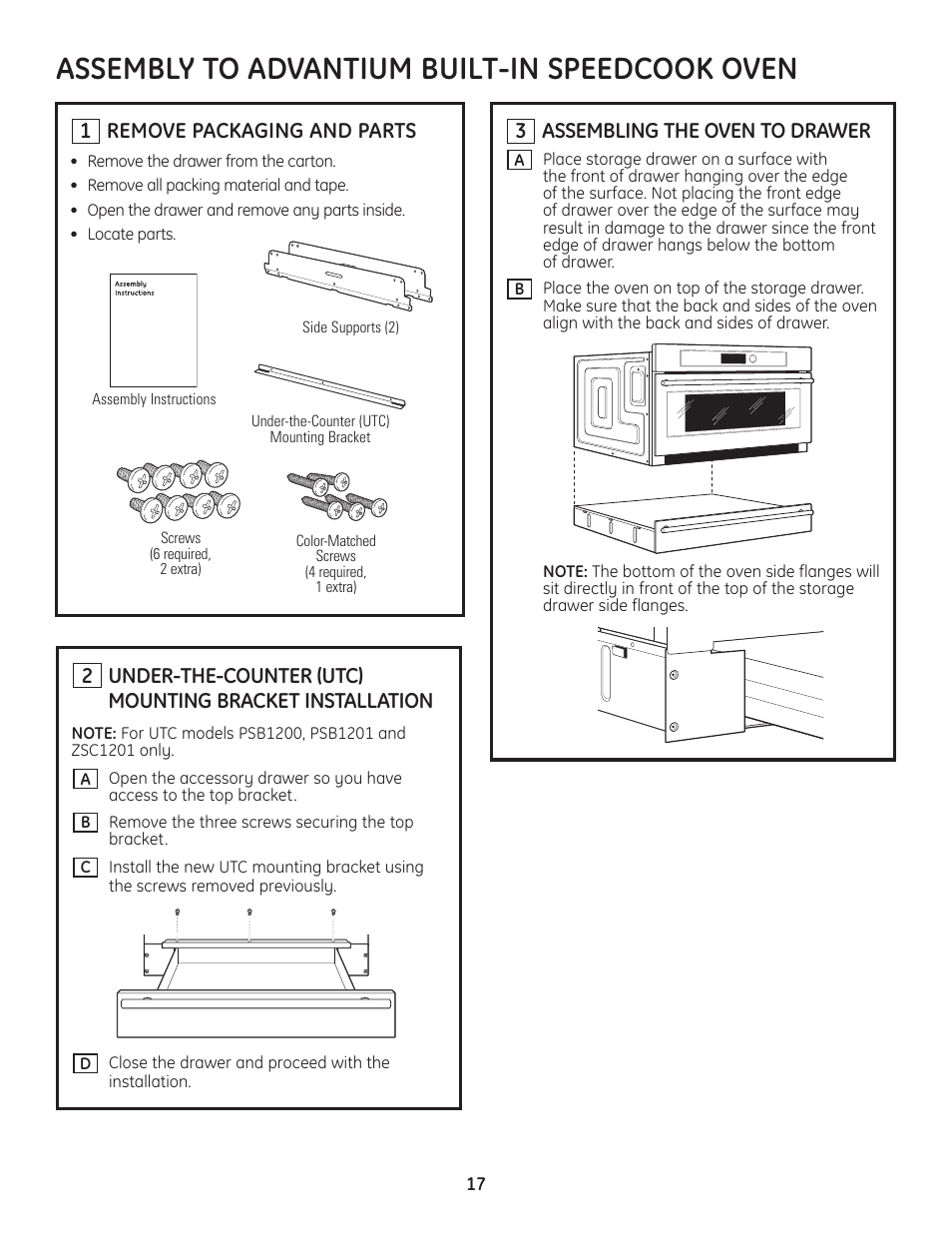 Assembly to advantium built-in speedcook oven, Remove packaging and parts, Assembling the oven to drawer | GE Advantium ZSC1202SS User Manual | Page 17 / 20