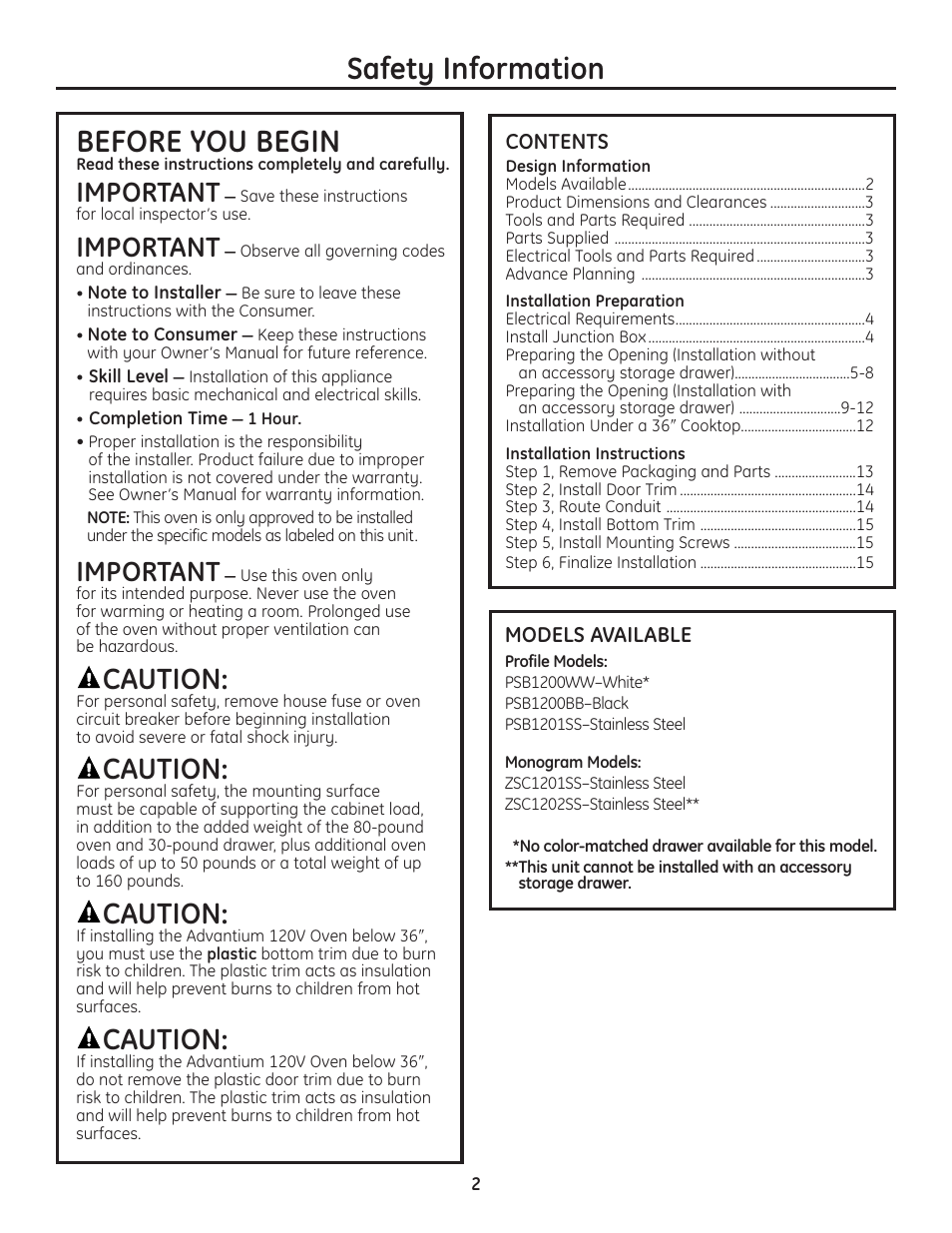 Design information, Models available, Installation preparation | Installation instructions, Safety information, Before you begin, Caution, Important | GE Advantium ZSC1202SS User Manual | Page 2 / 20