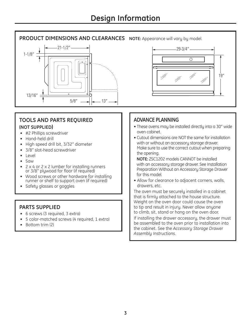 Product dimensions and clearances, Tools and parts required, Parts supplied | Electrical tools and parts required, Advance planning, Design information | GE Advantium ZSC1202SS User Manual | Page 3 / 20