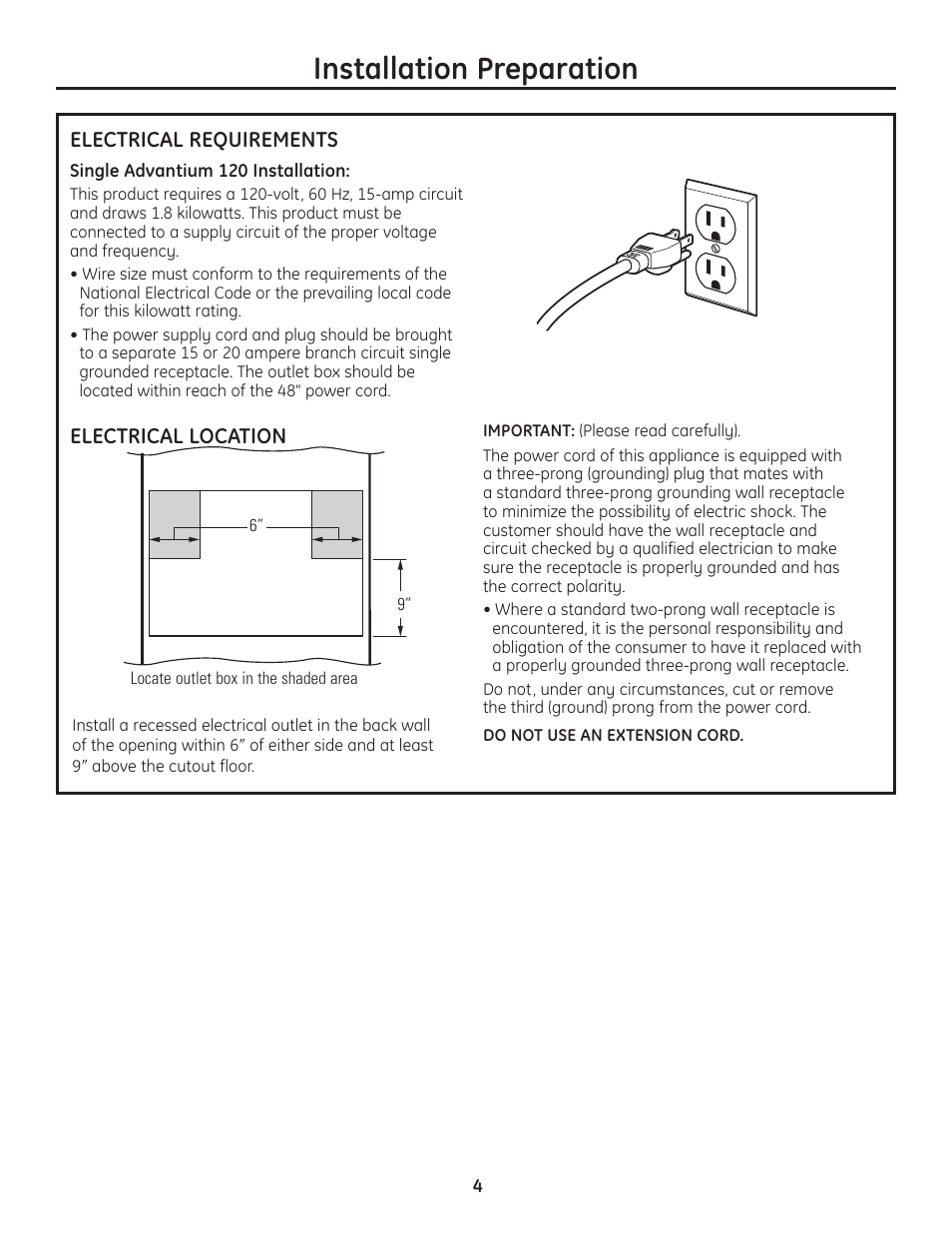Electrical requirements, Install junction box, Electrical requirements install junction box | Installation preparation | GE Advantium ZSC1202SS User Manual | Page 4 / 20