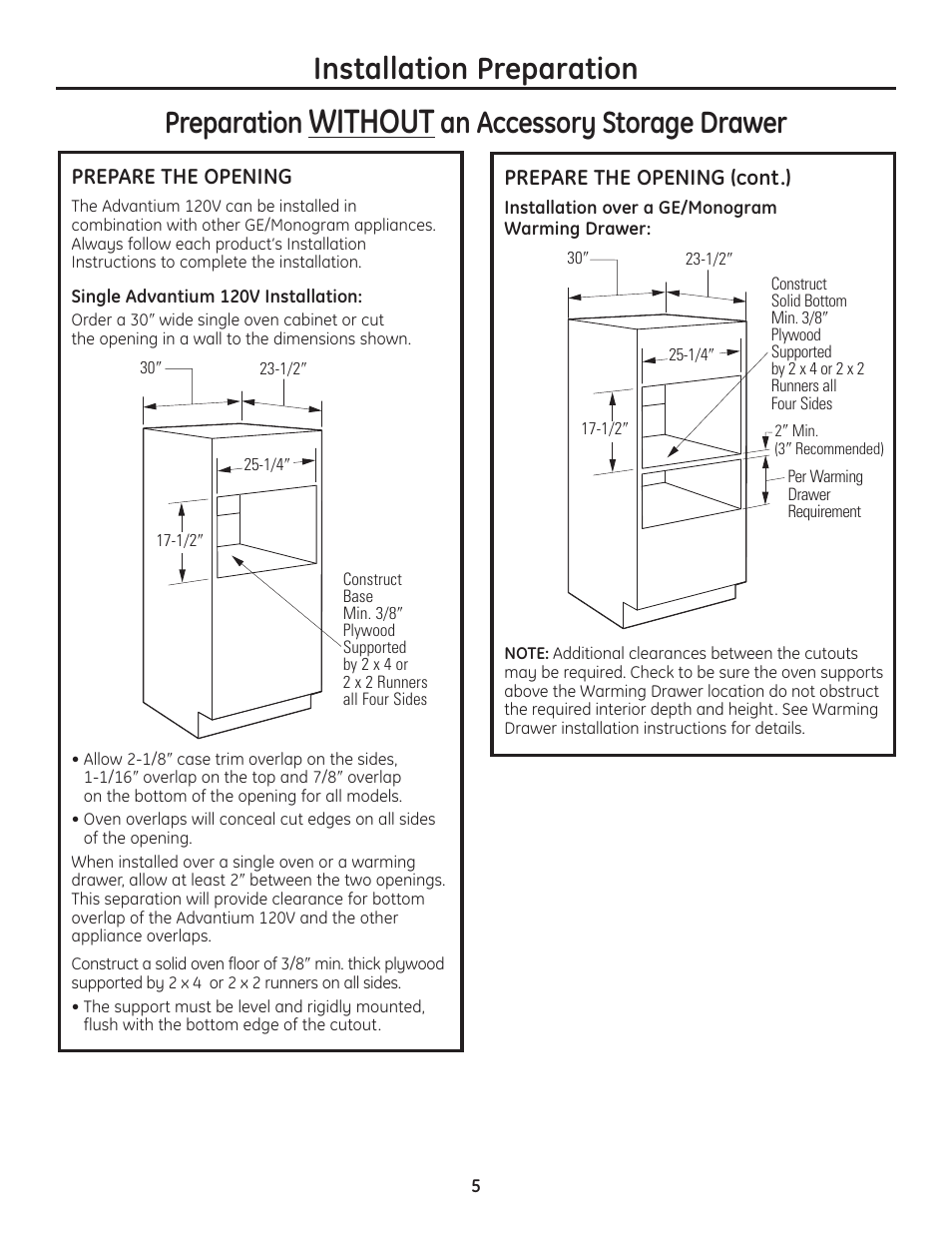 Preparing the opening (installation without, An accessory storage drawer) -8, Without | Installation preparation preparation, An accessory storage drawer | GE Advantium ZSC1202SS User Manual | Page 5 / 20