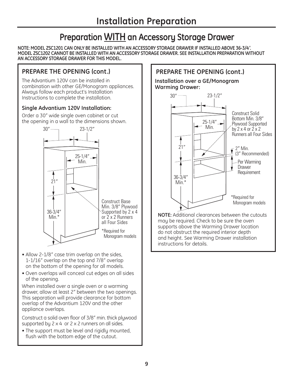 Preparing the opening (installation with, An accessory storage drawer) -12, With | Installation preparation preparation, An accessory storage drawer | GE Advantium ZSC1202SS User Manual | Page 9 / 20