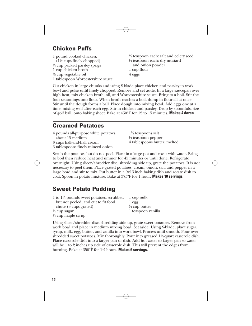 Chicken puffs, Creamed potatoes, Sweet potato pudding | GE 840074400 User Manual | Page 12 / 36