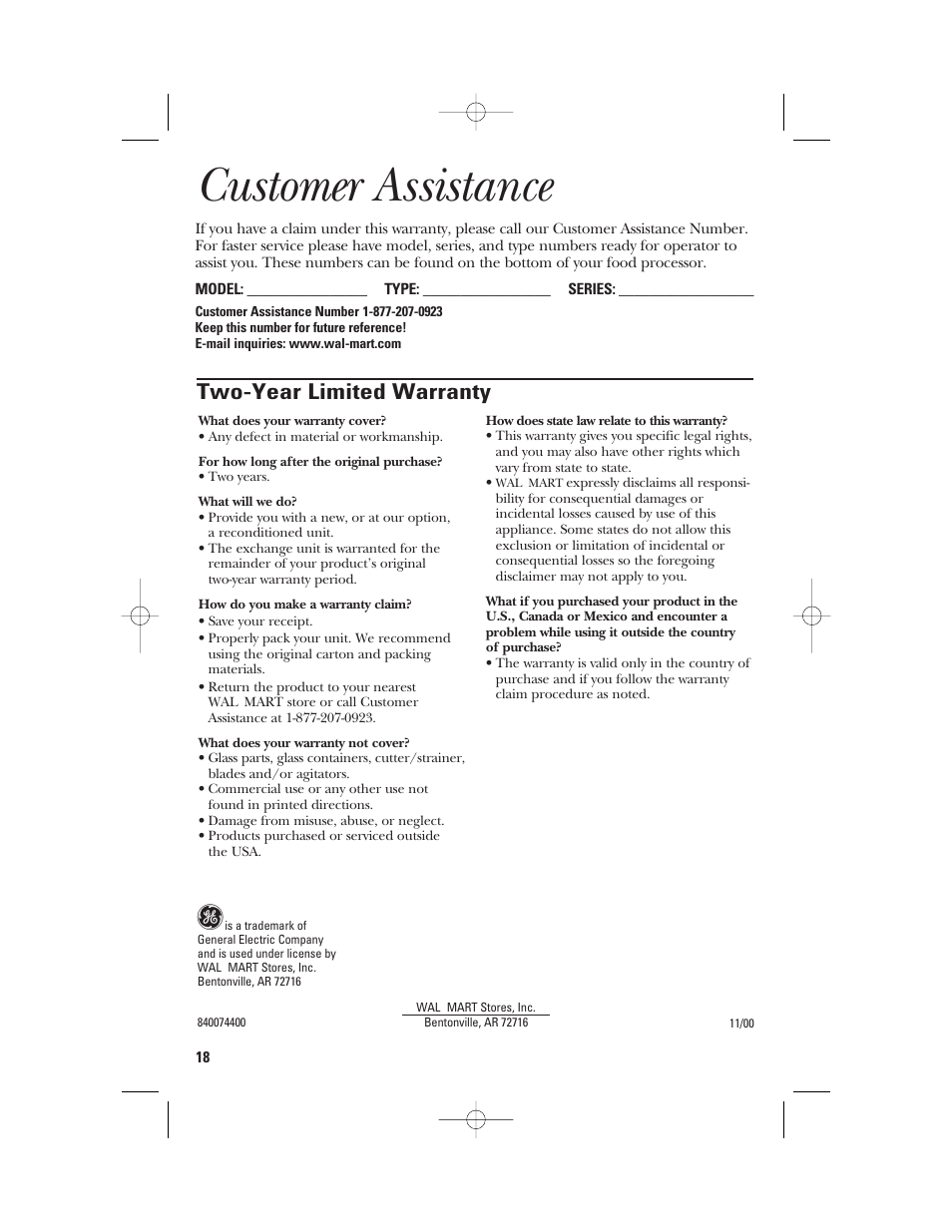 Customer assistance, Spanish version, Two-year limited warranty | GE 840074400 User Manual | Page 18 / 36