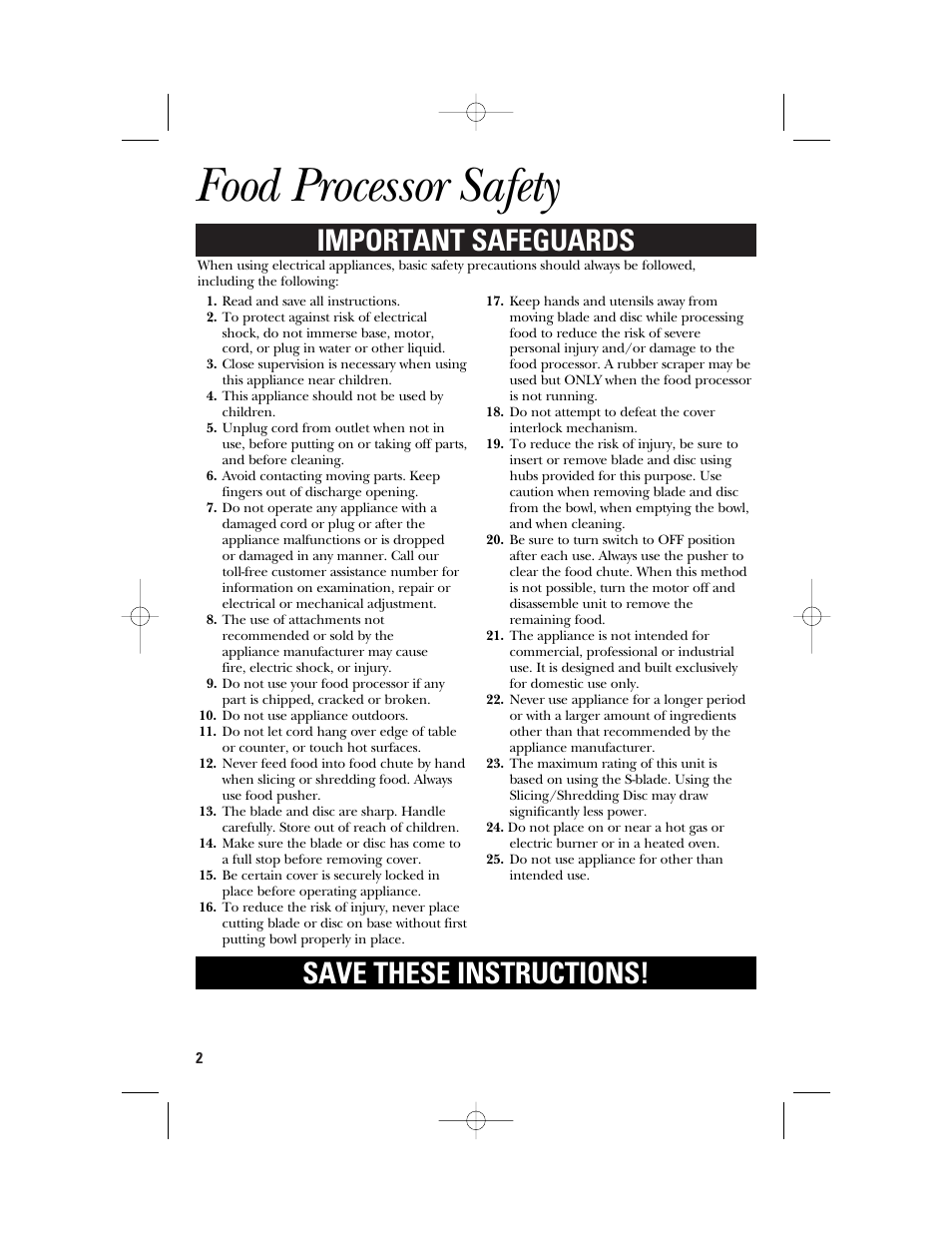 Food processor safety, Important safeguards save these instructions | GE 840074400 User Manual | Page 2 / 36