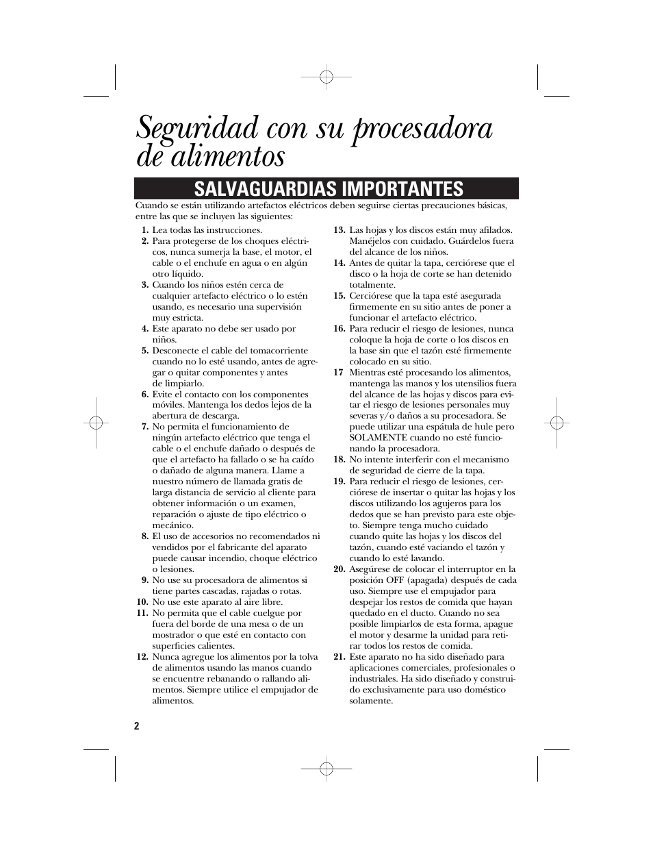 Seguridad con su procesadora de alimentos, Salvaguardias importantes | GE 840074400 User Manual | Page 20 / 36