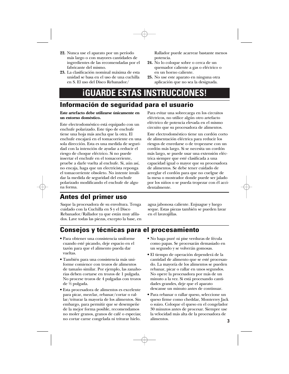 Guarde estas instrucciones, Información de seguridad para el usuario, Antes del primer uso | Consejos y técnicas para el procesamiento | GE 840074400 User Manual | Page 21 / 36