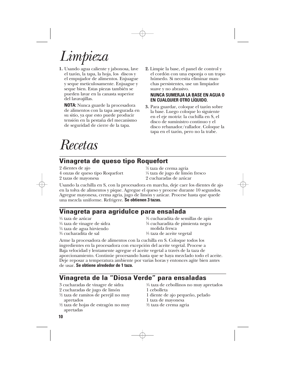 Limpieza, Recetas, Vinagreta de queso tipo roquefort | Vinagreta para agridulce para ensalada, Vinagreta de la “diosa verde” para ensaladas | GE 840074400 User Manual | Page 28 / 36