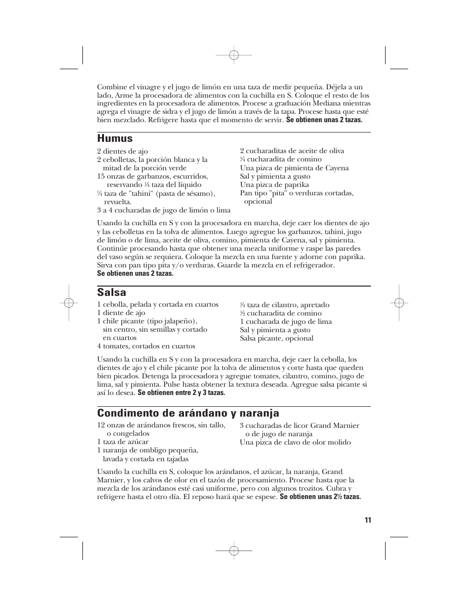 Humus, Salsa, Condimento de arándano y naranja | GE 840074400 User Manual | Page 29 / 36