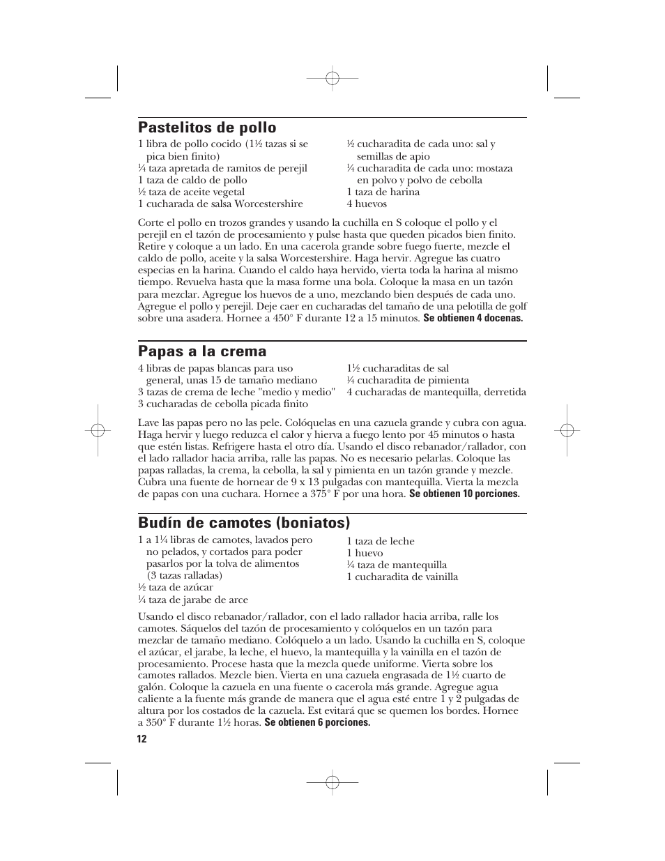 Pastelitos de pollo, Papas a la crema, Budín de camotes (boniatos) | GE 840074400 User Manual | Page 30 / 36