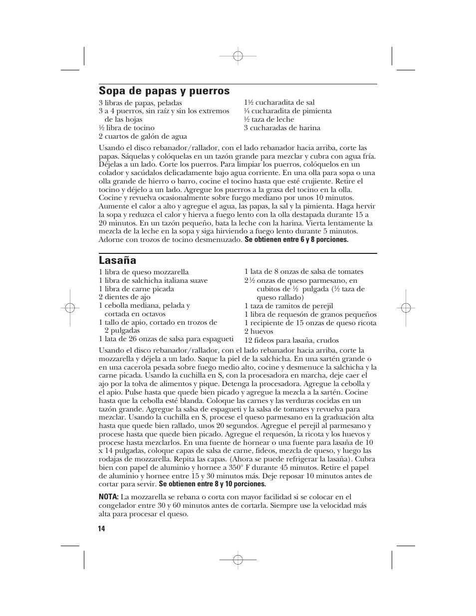Sopa de papas y puerros, Lasaña | GE 840074400 User Manual | Page 32 / 36