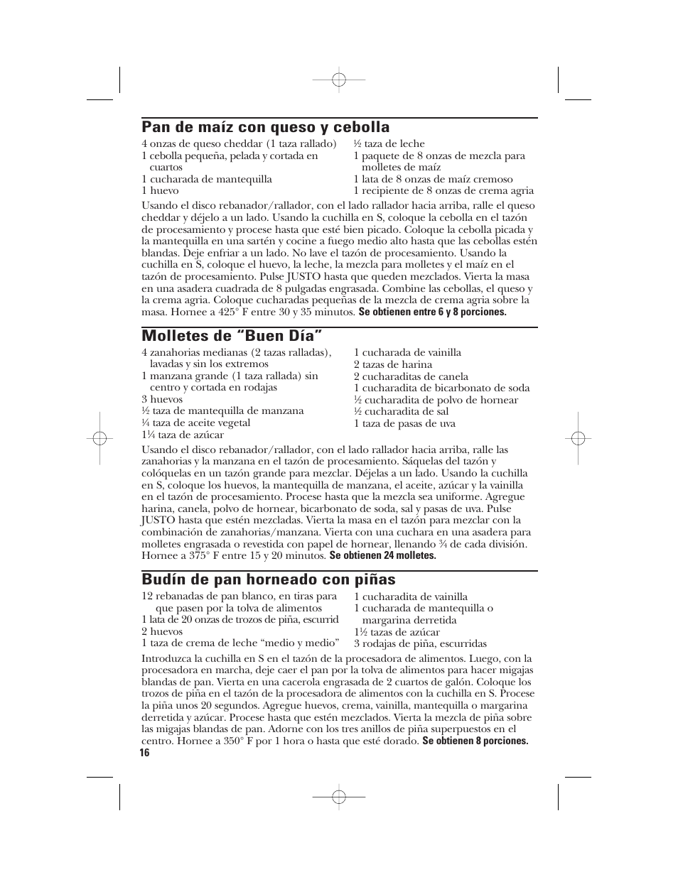 Pan de maíz con queso y cebolla, Molletes de “buen día, Budín de pan horneado con piñas | GE 840074400 User Manual | Page 34 / 36