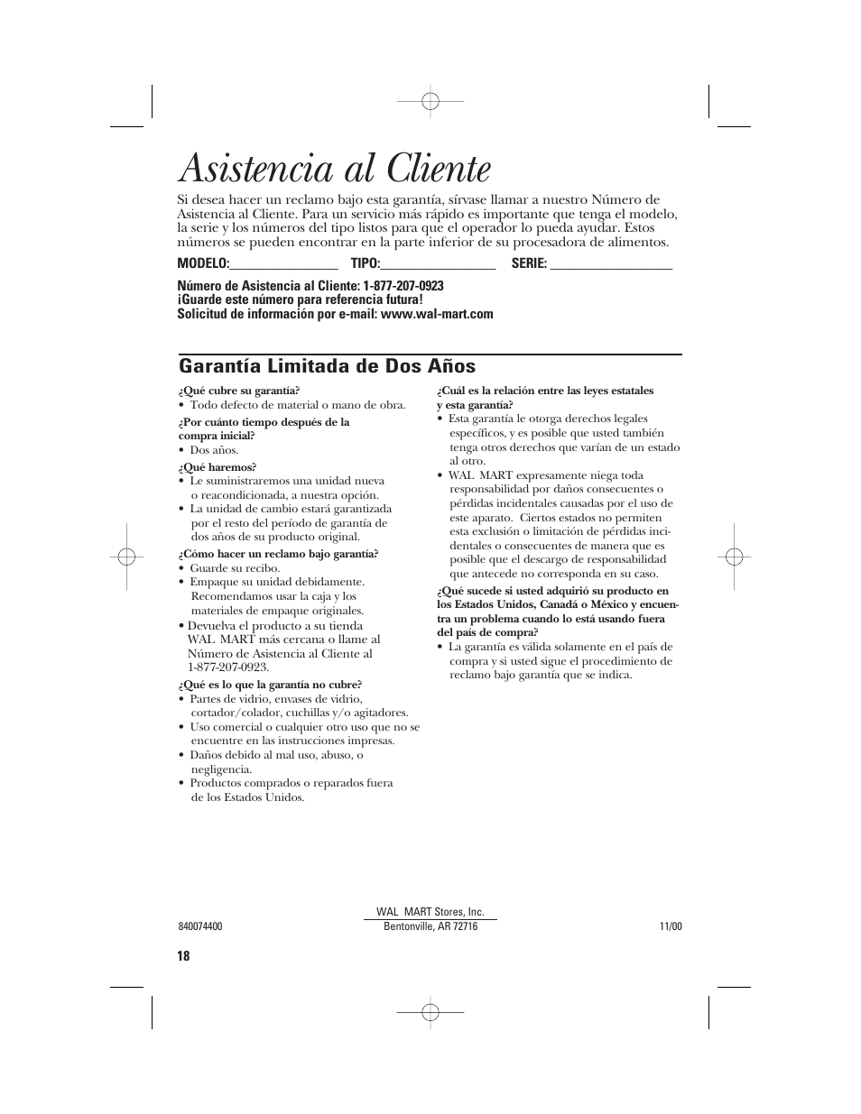 Asistencia al cliente, Garantía limitada de dos años | GE 840074400 User Manual | Page 36 / 36