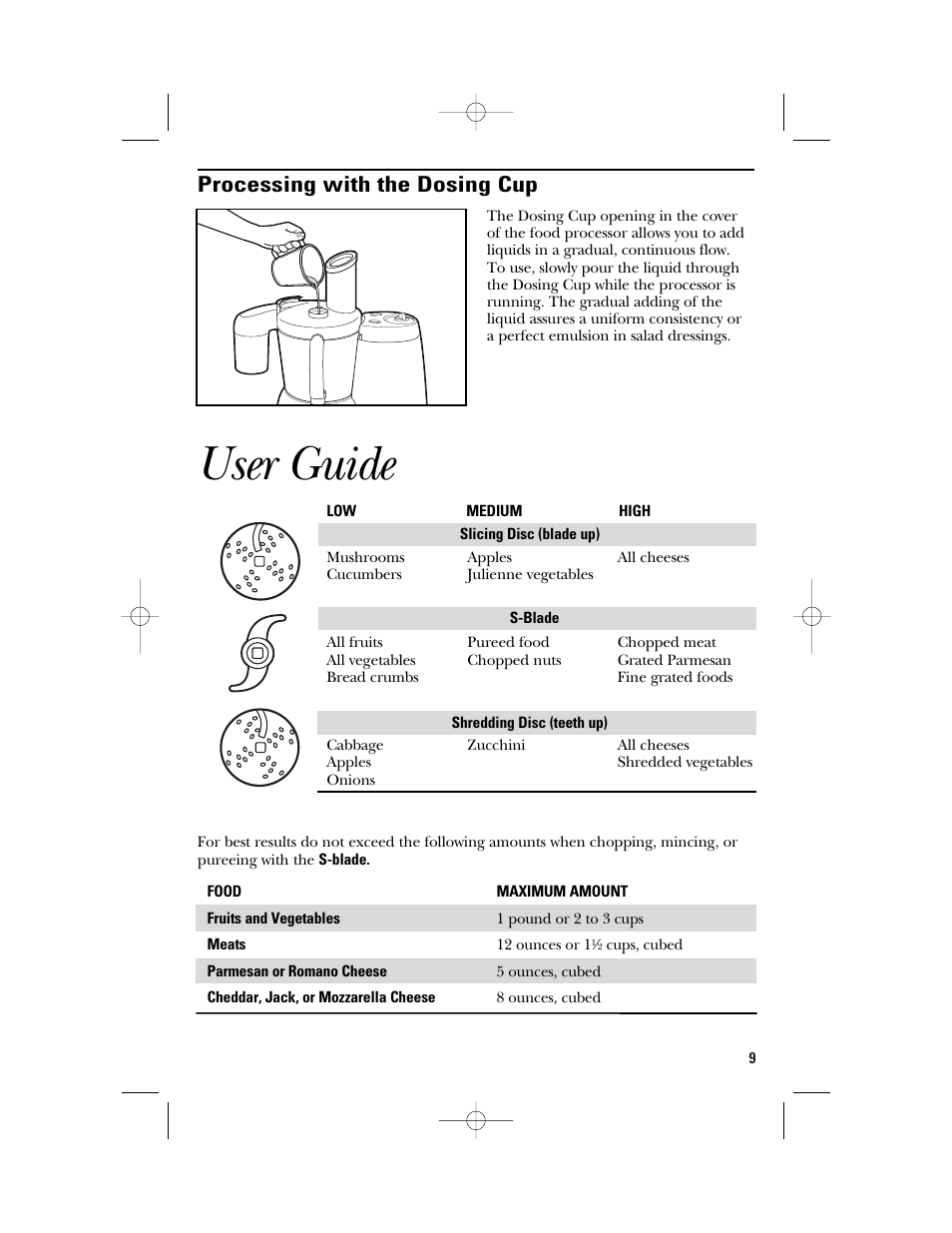 User guide, Processing with the dosing cup | GE 840074400 User Manual | Page 9 / 36