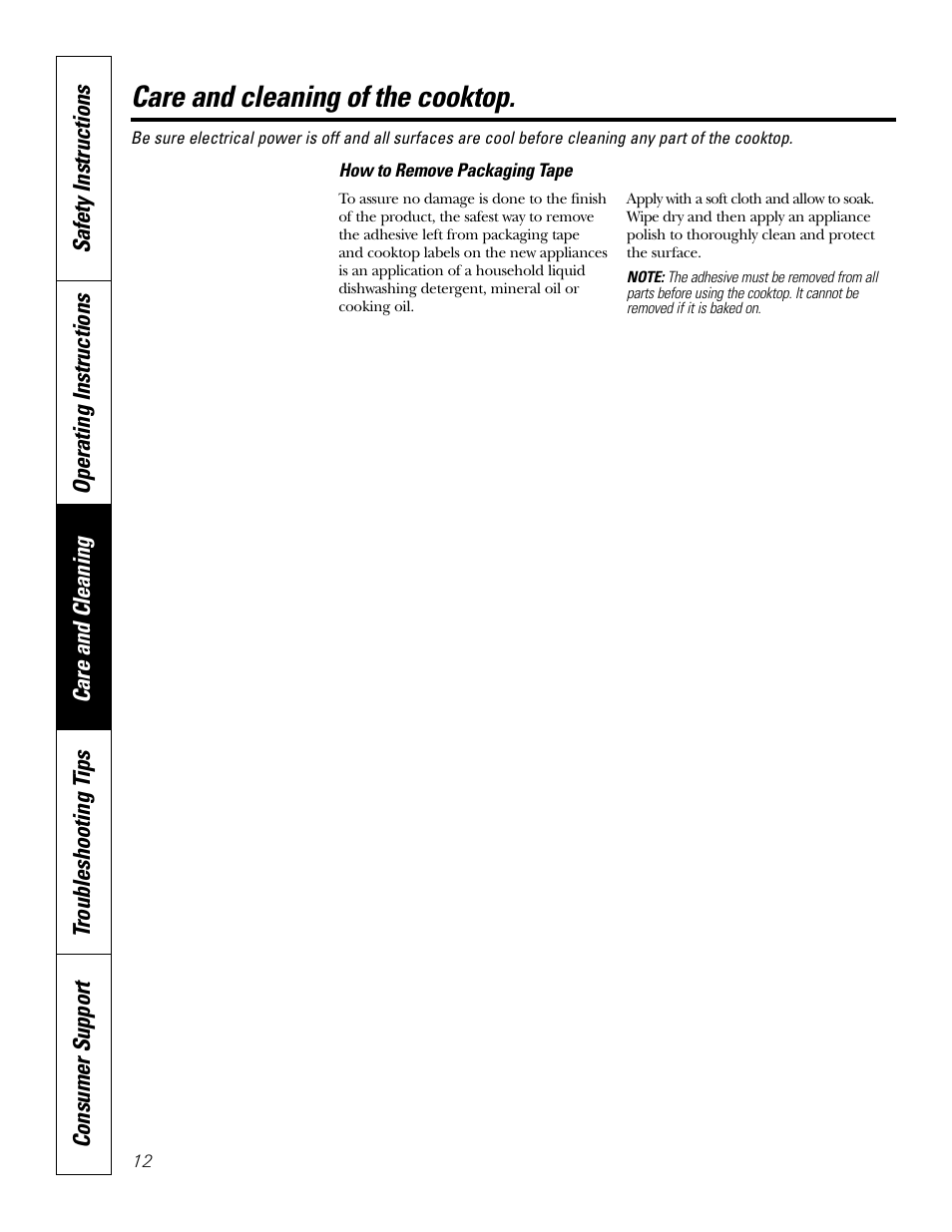 Care and cleaning of the cooktop | GE Profile JP938 User Manual | Page 12 / 40