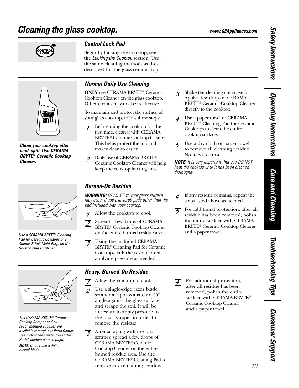 Control lock pad, Glass cooktop, Control lock pad glass cooktop , 14 | Cleaning the glass cooktop, 13 control lock pad, Burned-on residue, Heavy, burned-on residue, Normal daily use cleaning | GE Profile JP938 User Manual | Page 13 / 40