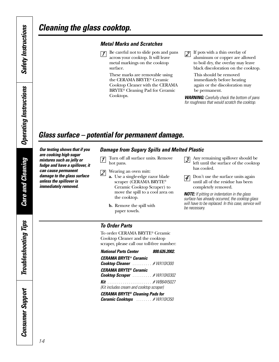 Cleaning the glass cooktop, Glass surface – potential for permanent damage | GE Profile JP938 User Manual | Page 14 / 40