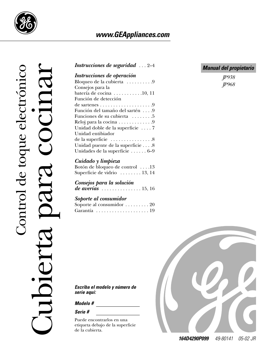 Spanish table of contents, Instrucciones de operación, Cuidado y limpieza | Soporte al consumidor, Cubierta para cocinar, Control de toque electrónico | GE Profile JP938 User Manual | Page 21 / 40