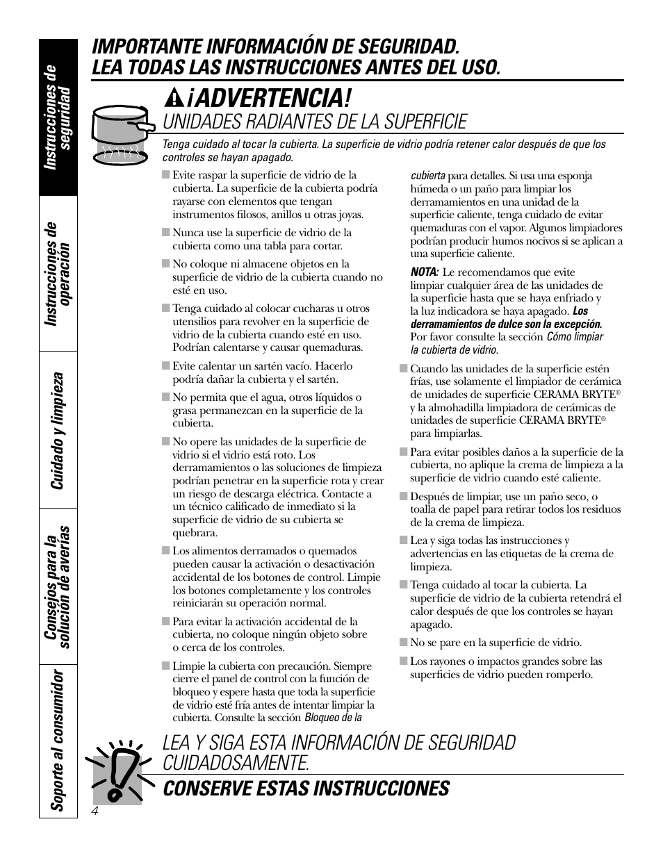 Advertencia, Unidades radiantes de la superficie | GE Profile JP938 User Manual | Page 24 / 40