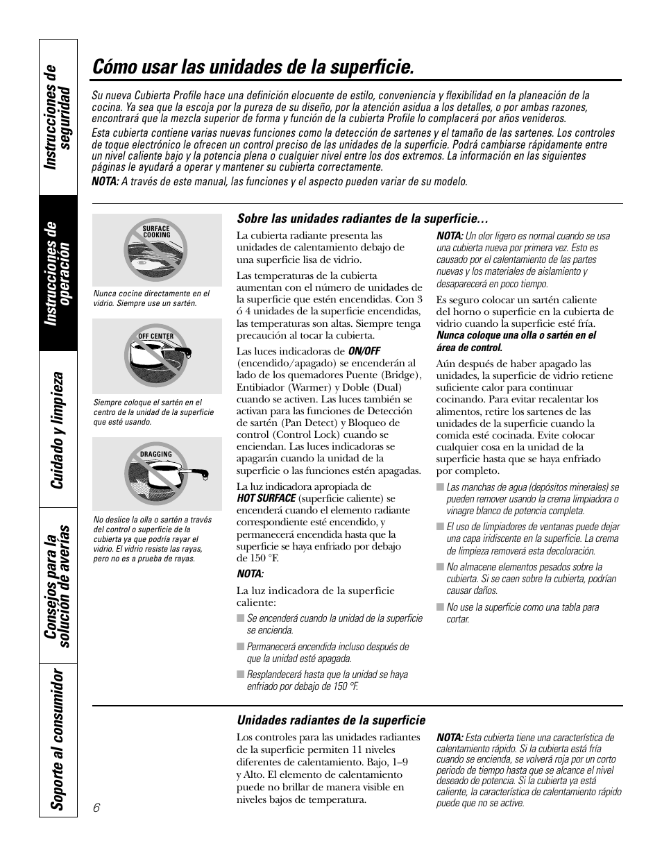 Unidades de la superficie, Unidades de la superficie –9, Cómo usar las unidades de la superficie | GE Profile JP938 User Manual | Page 26 / 40