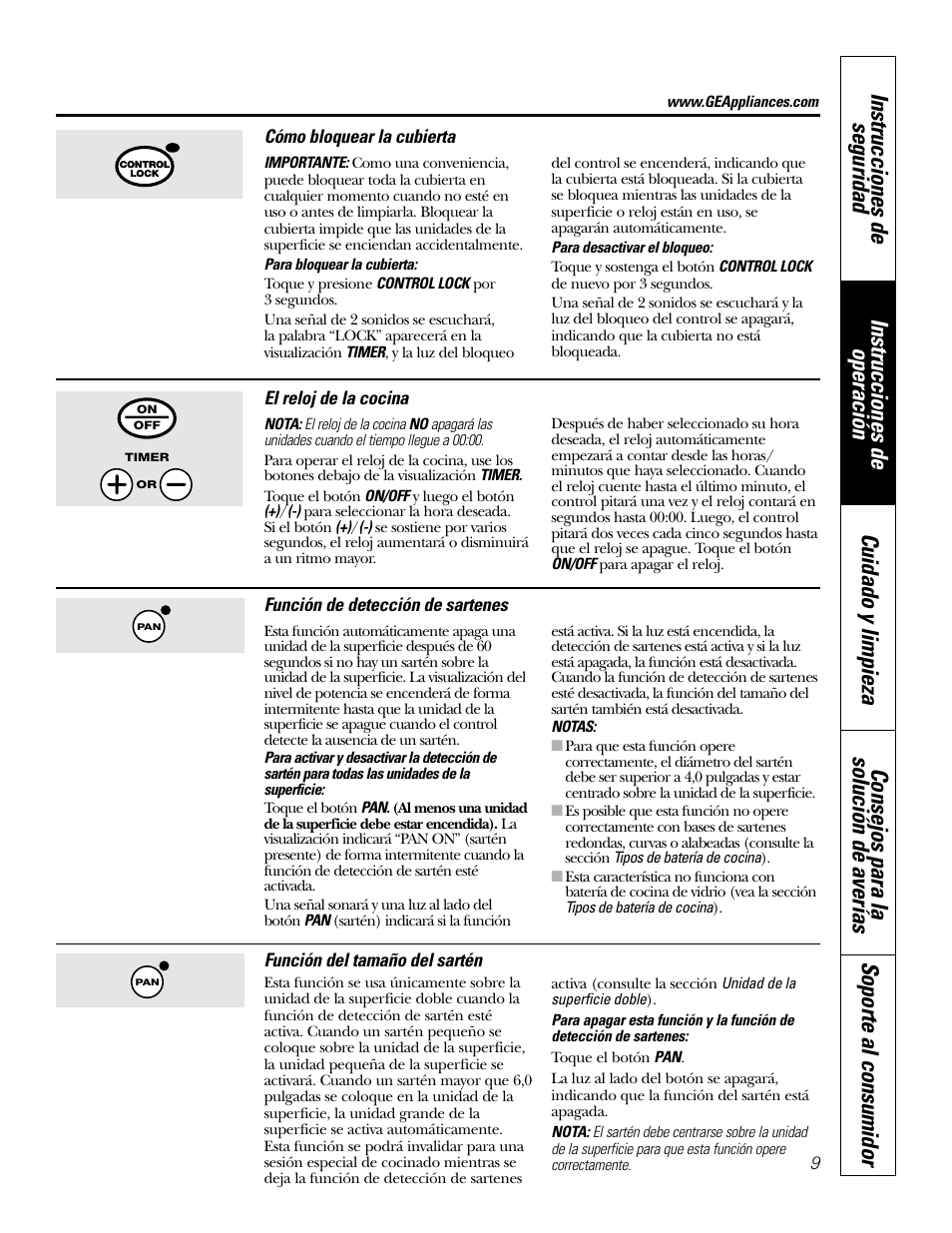 Bloqueo de la cubierta, Función de detección de sartenes, Función del tamaño del sartén | Reloj para la cocina | GE Profile JP938 User Manual | Page 29 / 40