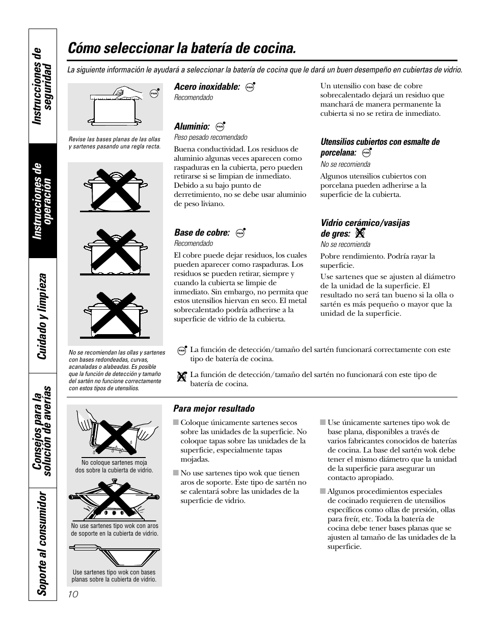 Consejos para la batería de cocina, Consejos para la batería de cocina , 11, Cómo seleccionar la batería de cocina | GE Profile JP938 User Manual | Page 30 / 40