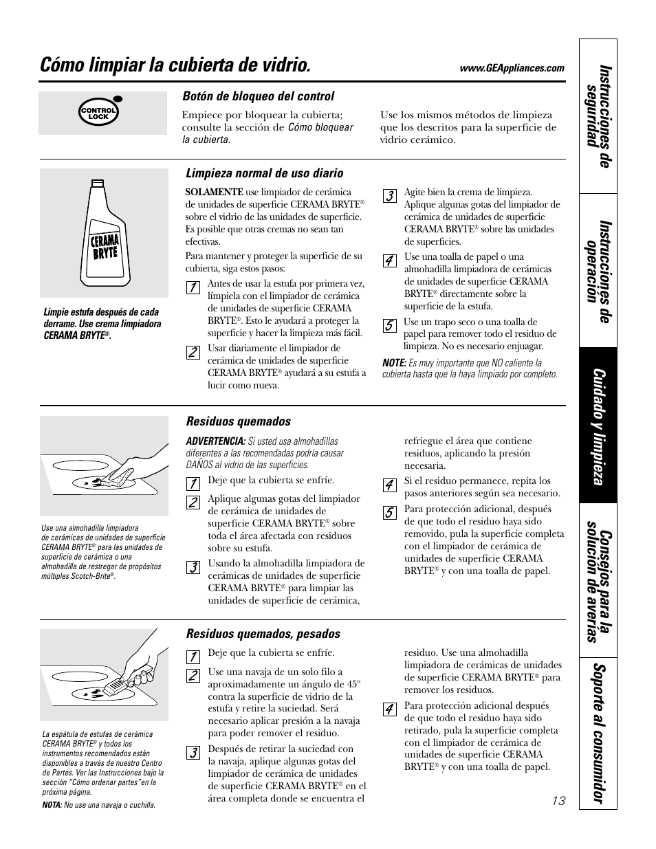 Botón de bloqueo de control, Superficie de vidrio, Cómo limpiar la cubierta de vidrio | 13 botón de bloqueo del control, Residuos quemados, Residuos quemados, pesados, Limpieza normal de uso diario | GE Profile JP938 User Manual | Page 33 / 40