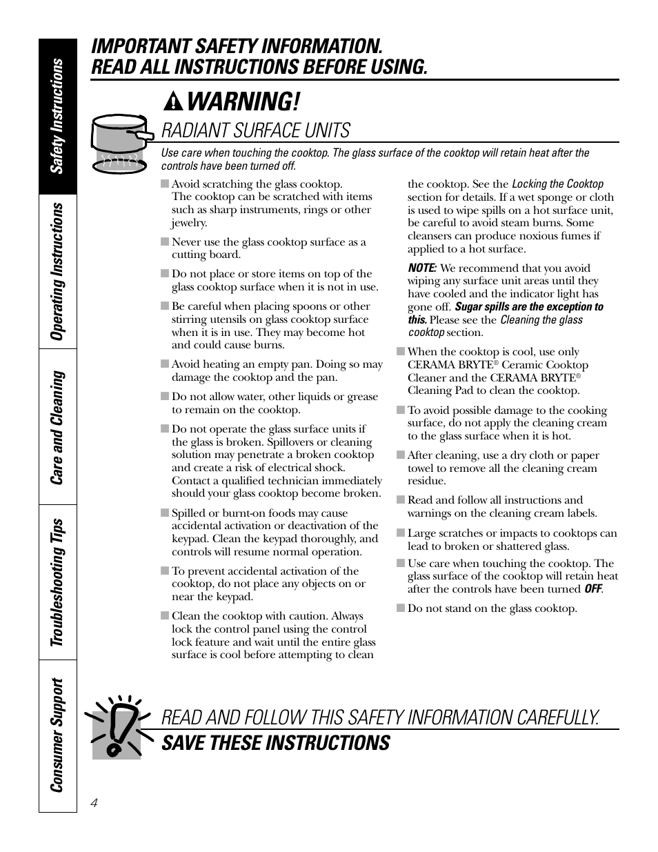 Warning, Radiant surface units | GE Profile JP938 User Manual | Page 4 / 40