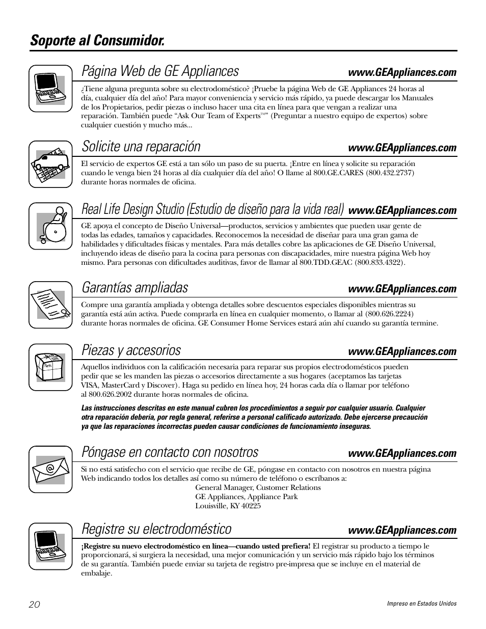 Soporte al consumidor, Soporte al consumidor. página web de ge appliances, Solicite una reparación | Garantías ampliadas, Piezas y accesorios, Póngase en contacto con nosotros, Registre su electrodoméstico | GE Profile JP938 User Manual | Page 40 / 40