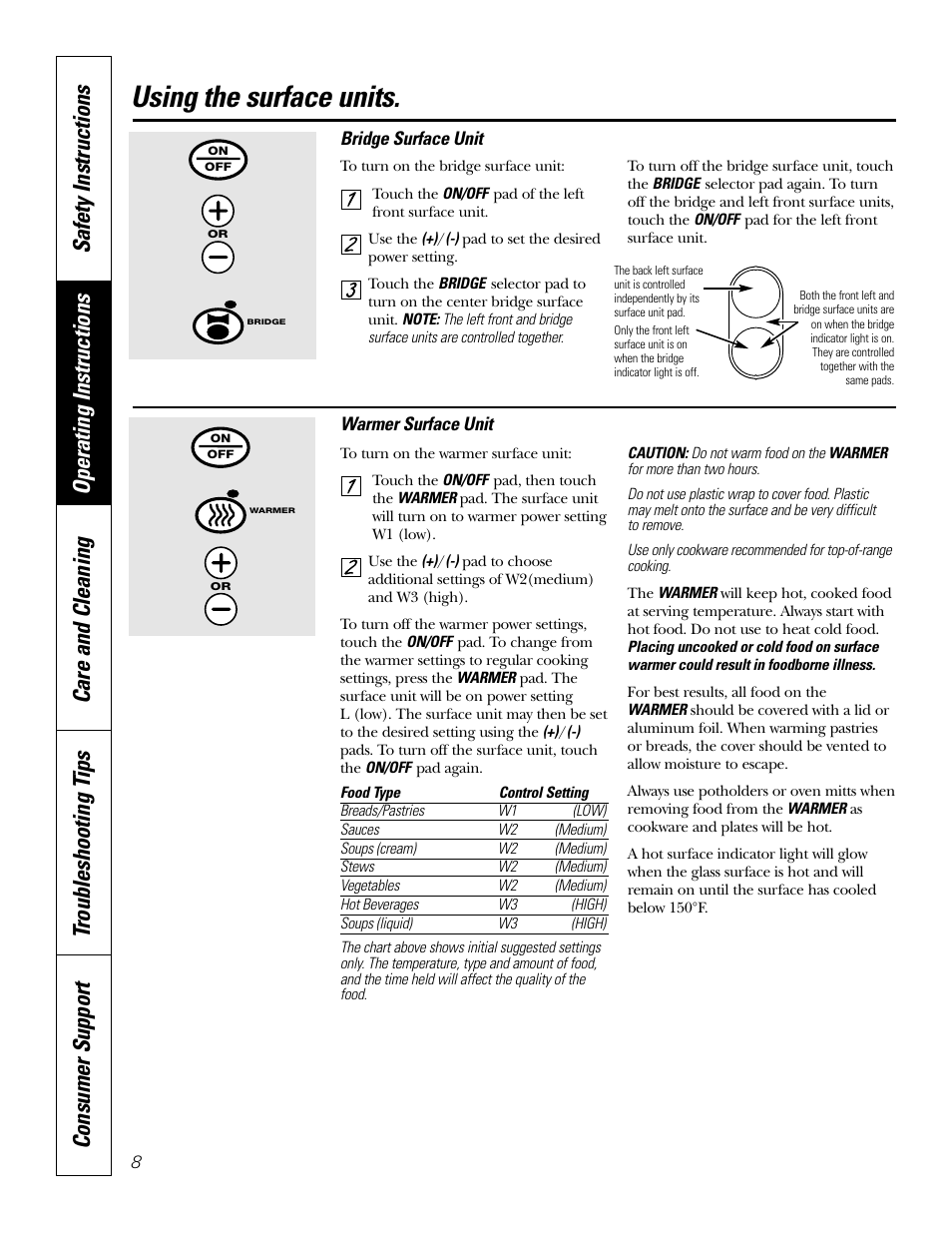 Bridge surface unit, Warmer surface unit, Using the surface units | GE Profile JP938 User Manual | Page 8 / 40