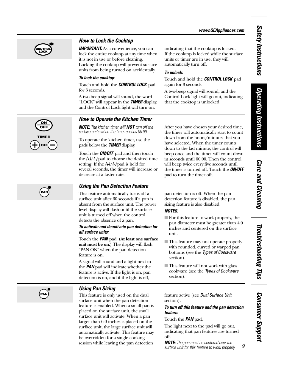 Kitchen timer, Locking the cooktop, Pan detection feature | Pan sizing feature, Pan detection feature pan sizing feature | GE Profile JP938 User Manual | Page 9 / 40