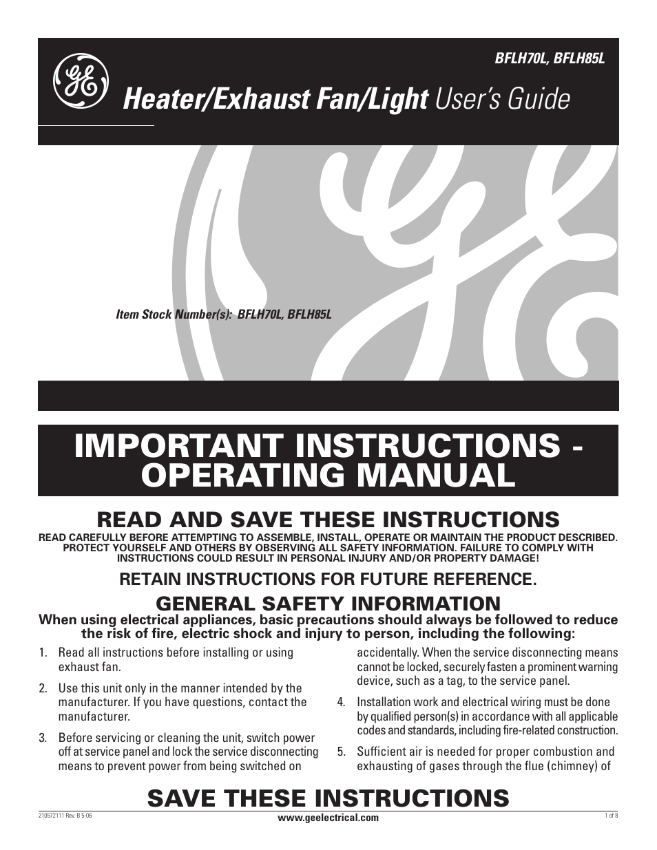 GE BFLH70L User Manual | 8 pages