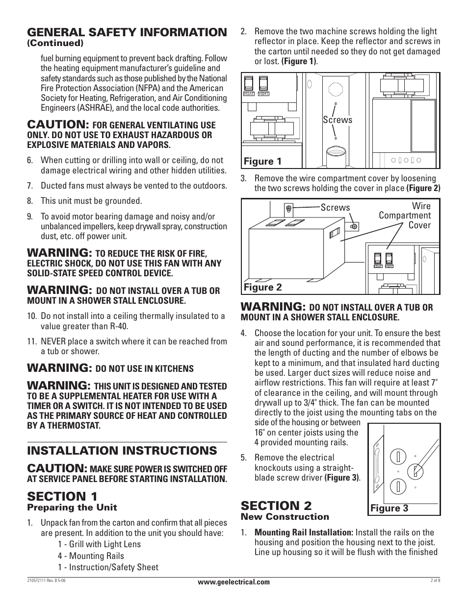 General safety information, Caution, Warning | Installation instructions caution | GE BFLH70L User Manual | Page 2 / 8