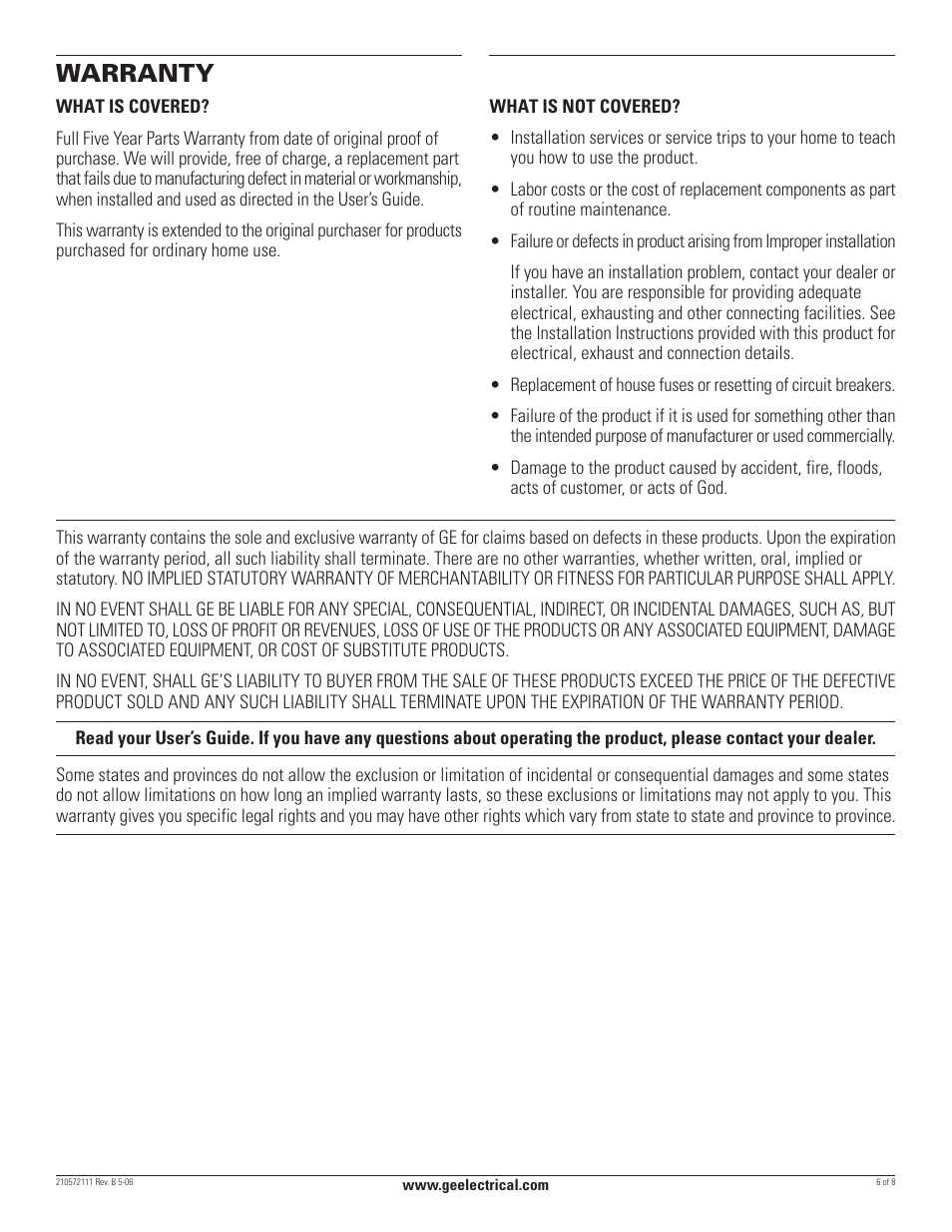 Warranty | GE BFLH70L User Manual | Page 6 / 8