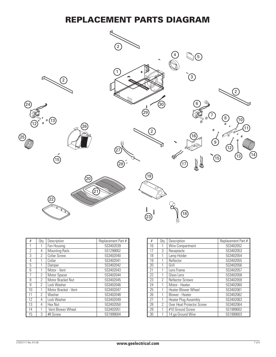 Replacement parts diagram | GE BFLH70L User Manual | Page 7 / 8