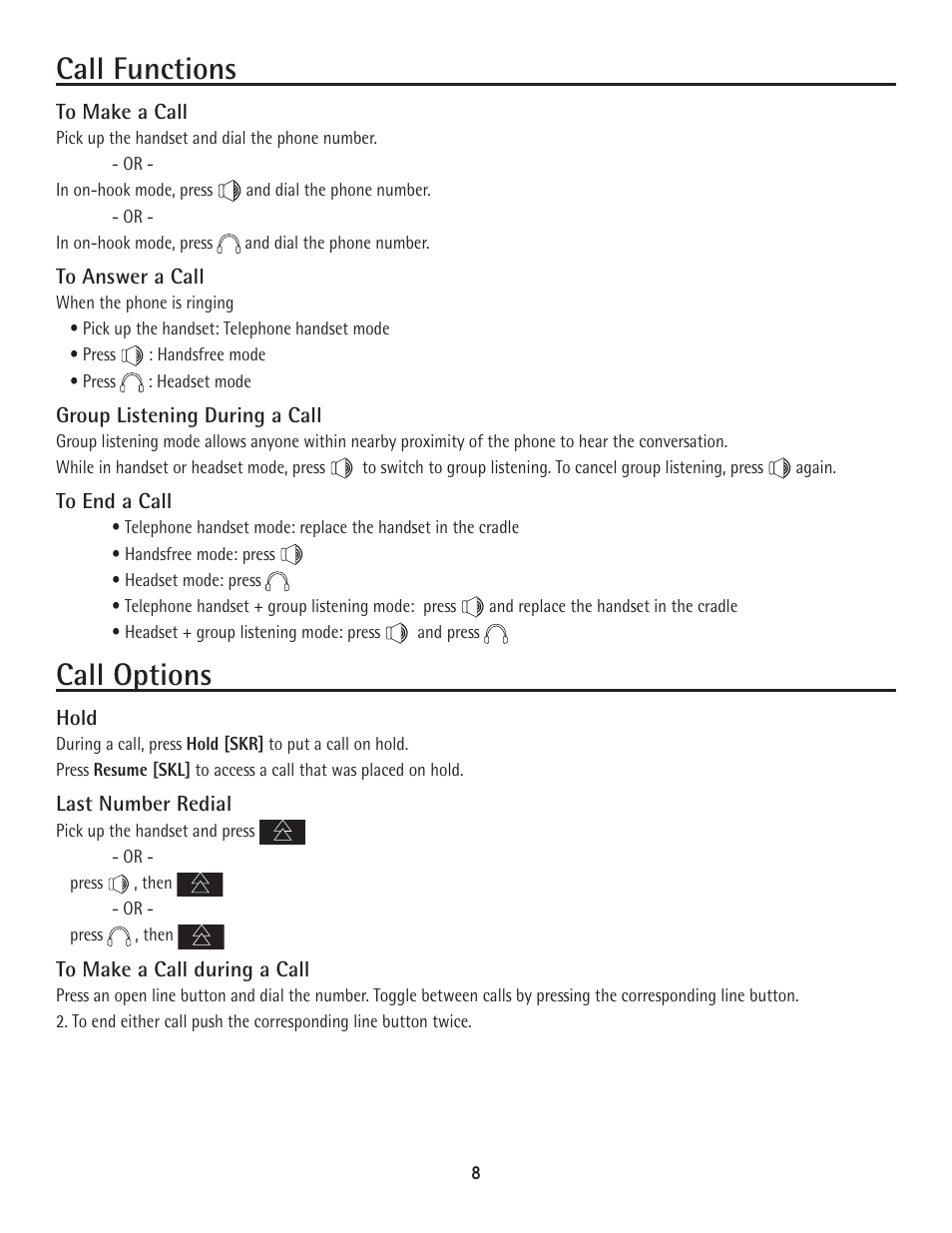 Call functions, Call options | GE 25600 MGCP User Manual | Page 8 / 14