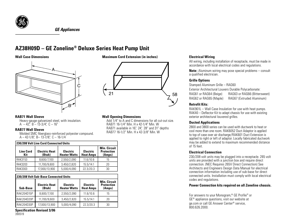 GE Zoneline AZ38H09D User Manual | 2 pages