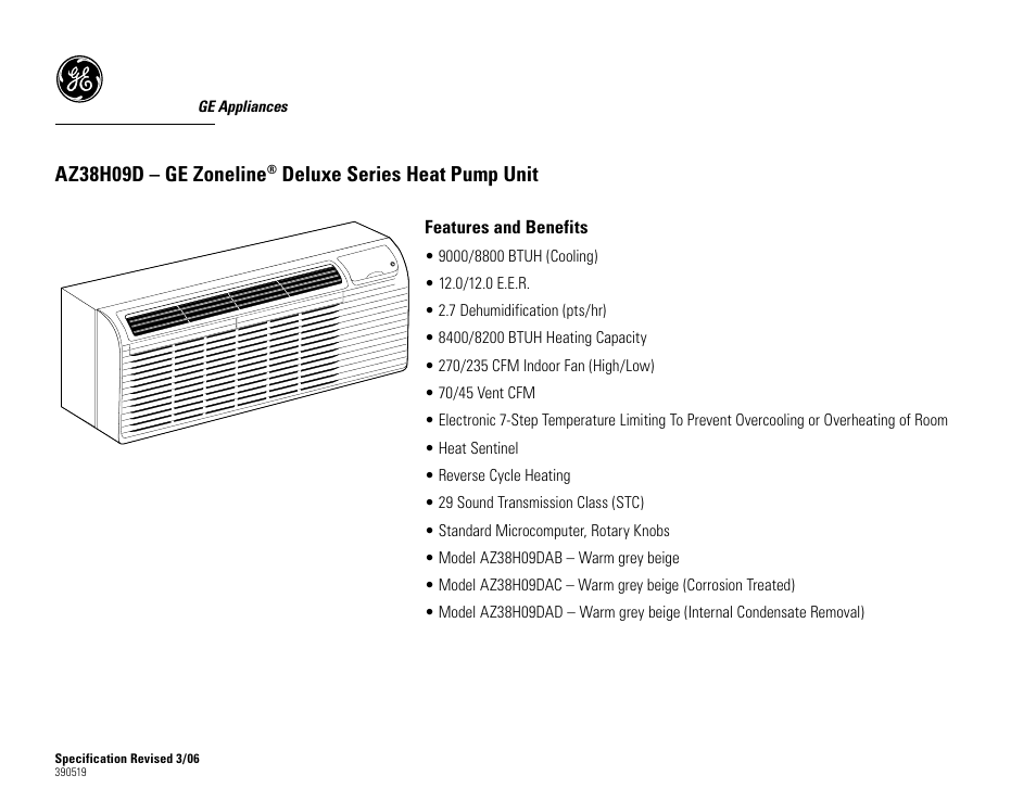 Az38h09d – ge zoneline, Deluxe series heat pump unit | GE Zoneline AZ38H09D User Manual | Page 2 / 2