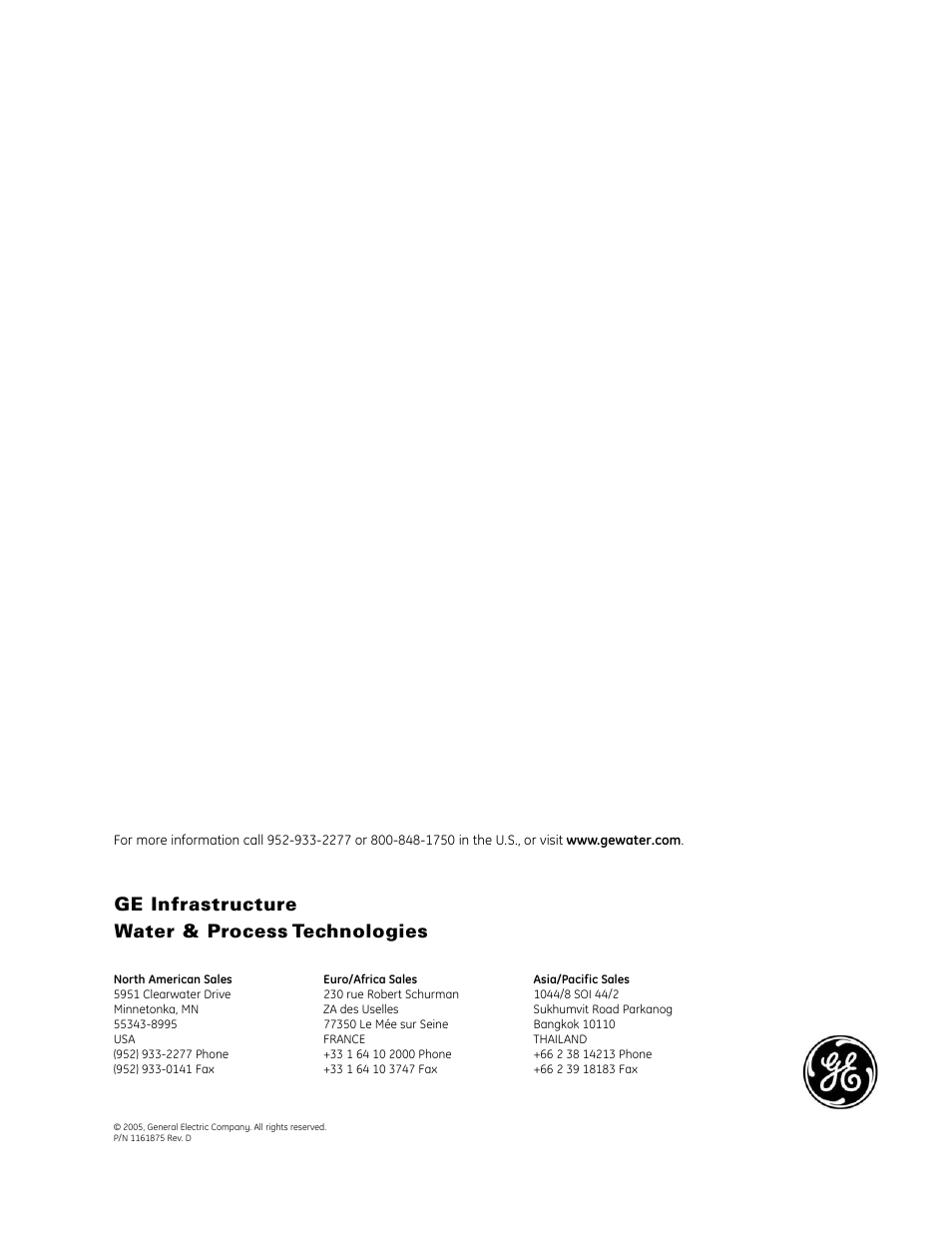 Ge infrastructure water & process technologies | GE E4LE User Manual | Page 33 / 33