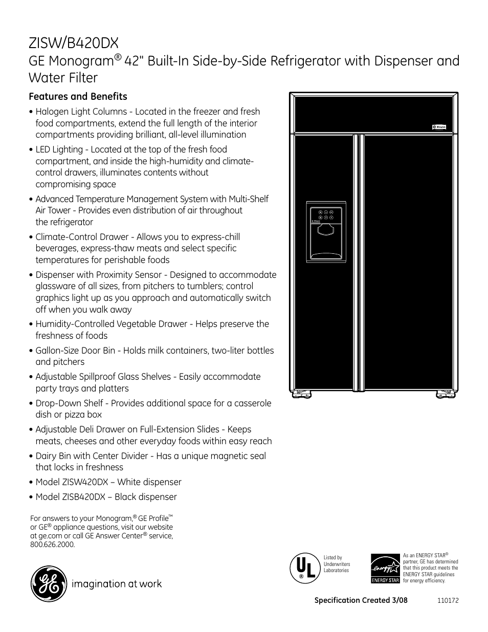 Zisw/b420dx, Ge monogram, Zisb420dr | Features and benefits | GE B420DX User Manual | Page 7 / 7