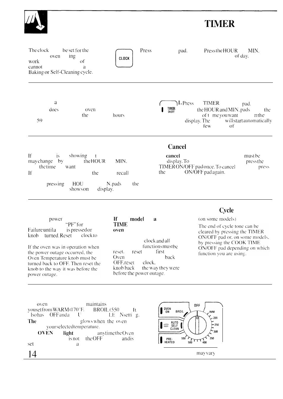 Clock and timer, Power outage, Oven control, clock and | Automatic clock to set the clock, Timer ‘i’o set the timer, End of’ tones oven temperature knob | GE 49-8549 User Manual | Page 14 / 40