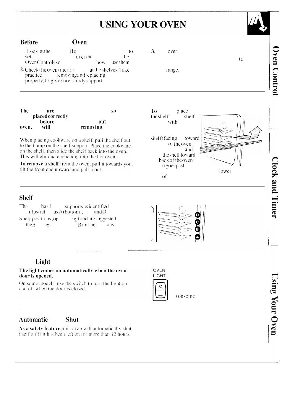Oven -28, Auto oven shut off, Using your 1 | Oven shelves, Positions, Oven, Oven off | GE 49-8549 User Manual | Page 15 / 40