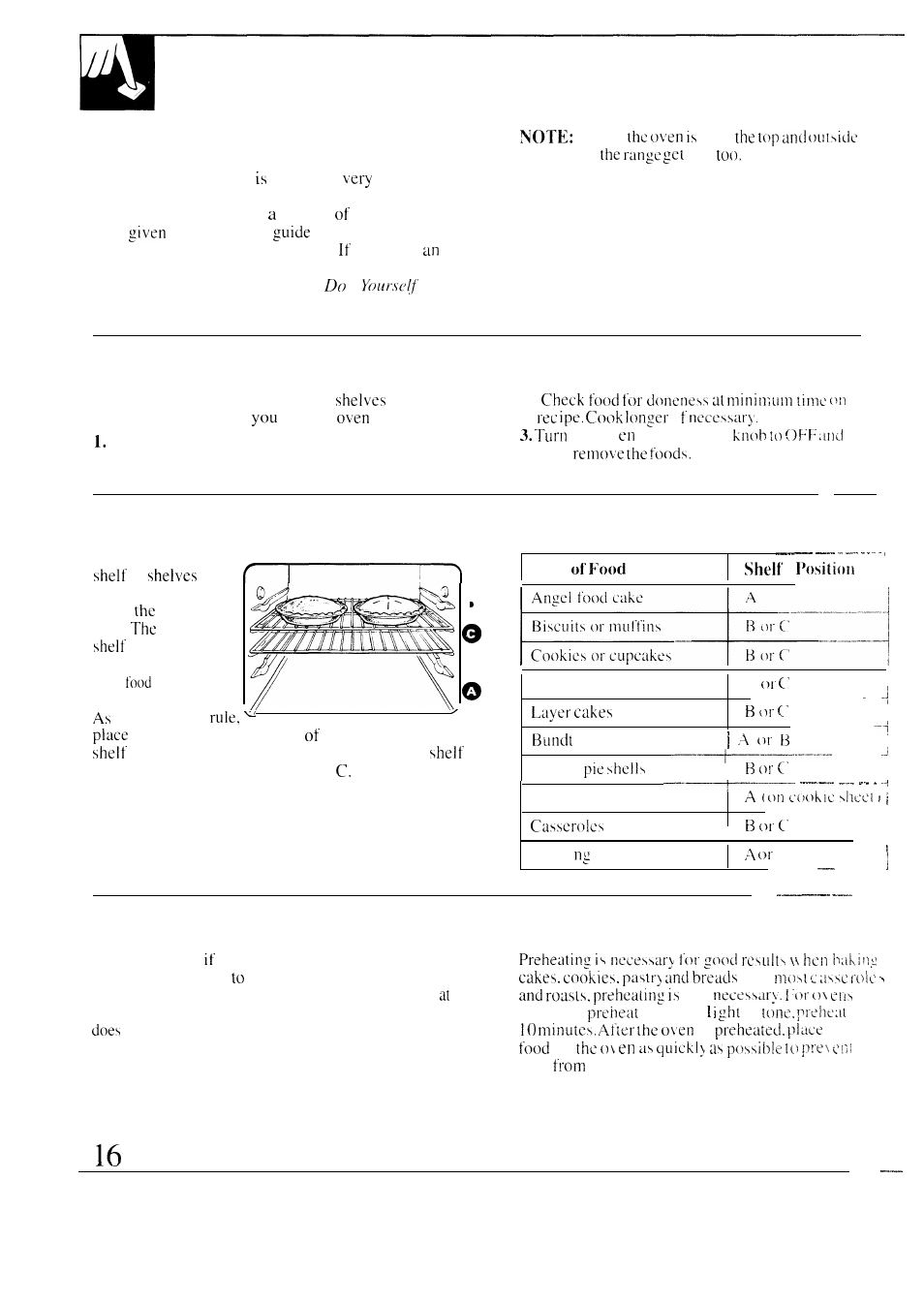 Baking -19, O: of, Baking | How to set your range for baking, Oven shelves, Preheating | GE 49-8549 User Manual | Page 16 / 40