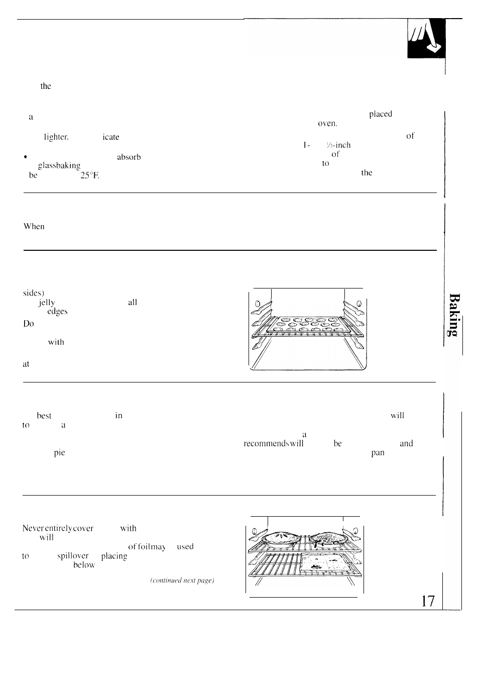 Baking pans, Pan placement, Baking guides | Cookies, Pies cakes, Aluminum foil | GE 49-8549 User Manual | Page 17 / 40