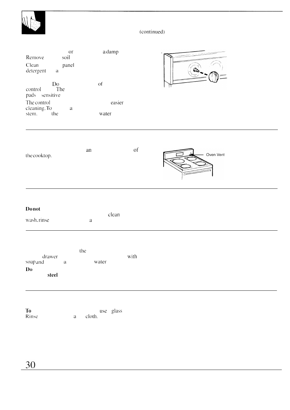 Care and cleaning, Control panel and knobs, Oven vent | Metal parts, Painted surfaces, Glass window | GE 49-8549 User Manual | Page 30 / 40