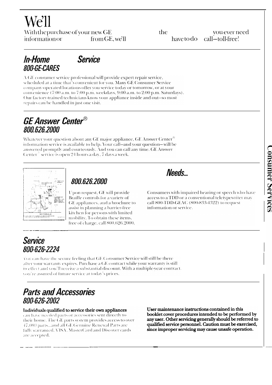 Consumer services, Important phone numbers, Be there | Repair, For customers with special contracts | GE 49-8549 User Manual | Page 39 / 40