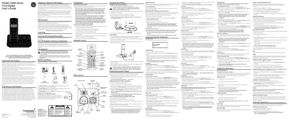 GE TRUE 21905 User Manual | 2 pages