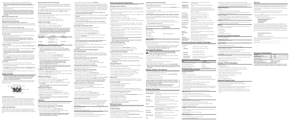 Changing the battery, Battery safety precautions, Display messages | Caller id (cid), Answering system operation, Remote access, Answering system display messages, Handset sound signals, Troubleshooting guide, Answering system solutions | GE TRUE 21905 User Manual | Page 2 / 2