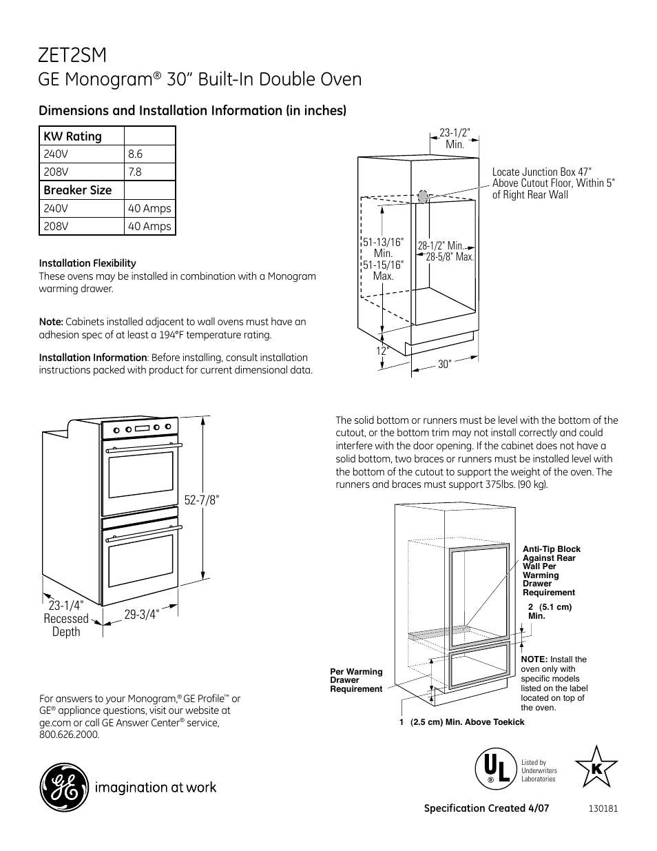 GE Monogram ZET2SM User Manual | 2 pages