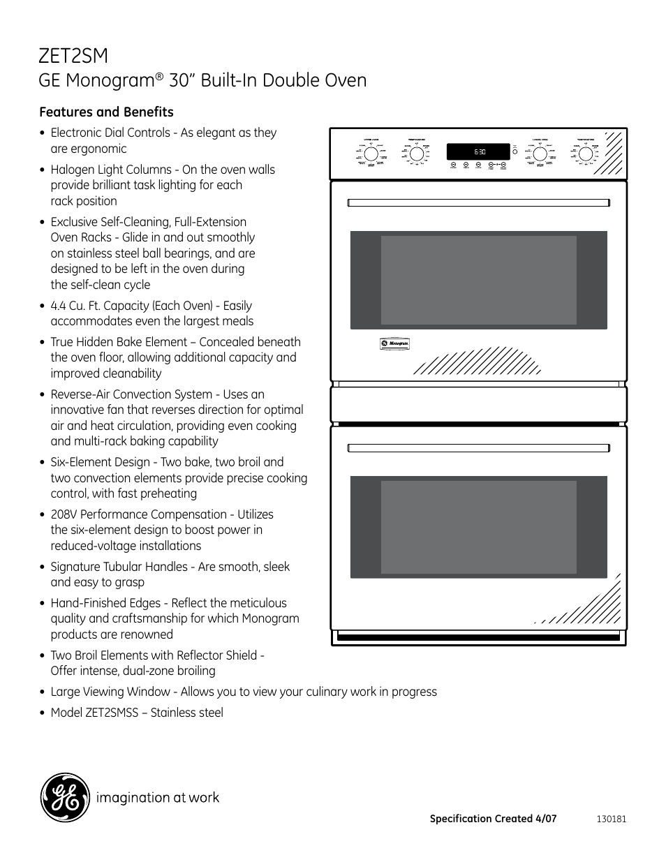 Zet2sm, Ge monogram, 30” built-in double oven | Features and benefits, Zet2smss | GE Monogram ZET2SM User Manual | Page 2 / 2